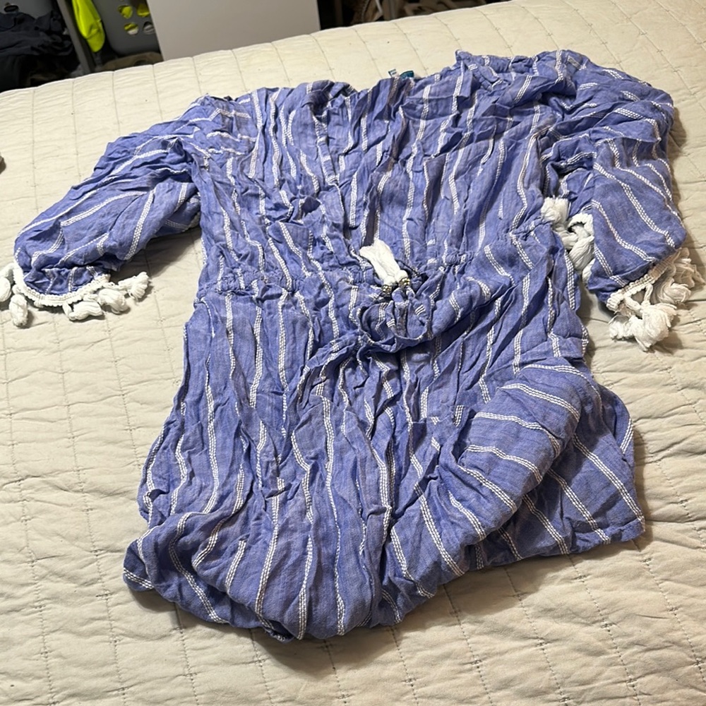 Striped Blue and White Tassel Swim Cover-Up